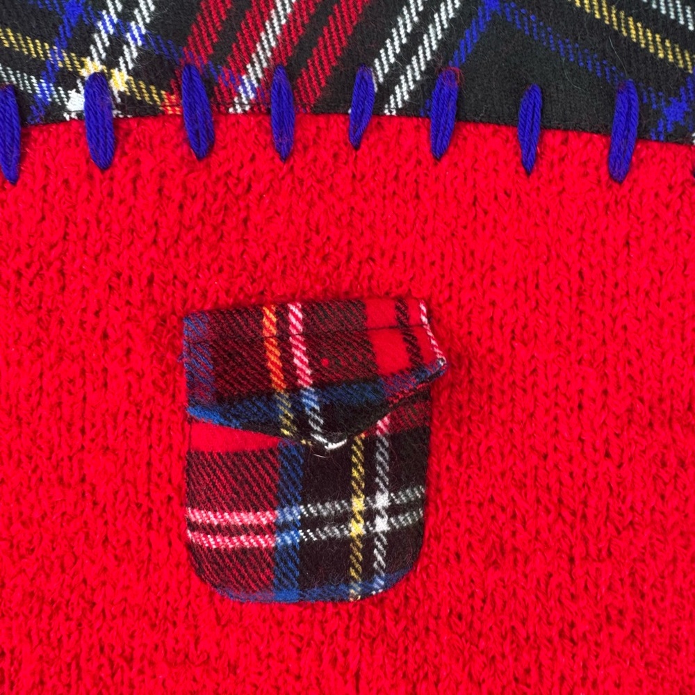 Sandy Starkman L Red Wool Patchwork Plaid Knit Ja… - image 2